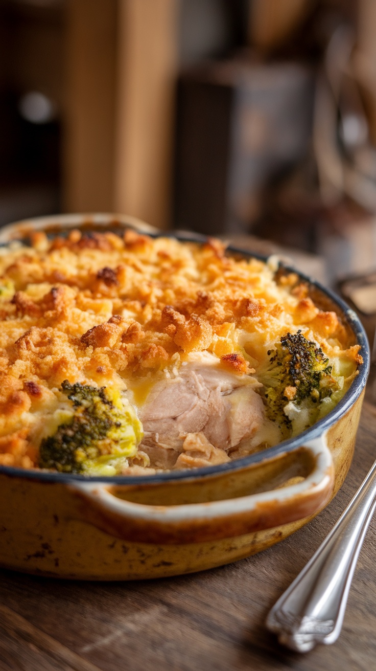 Creamy Chicken Divan casserole with chicken, broccoli, cheese sauce, and breadcrumbs, served in a rustic dish.